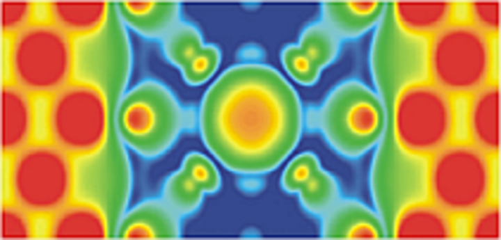 Charge density in a Fe/MgO/Fe tunnel junction which contains O vacancy. 