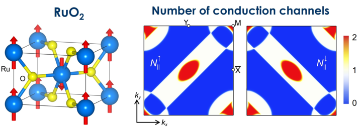 Atomic structure of RuO2 and the distribution of up- and down-spin conduction channels