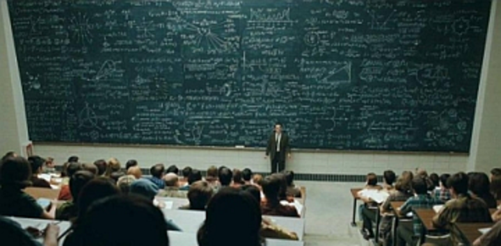 Picture of a blackboard that Evgeny Tsymbal has written all over on